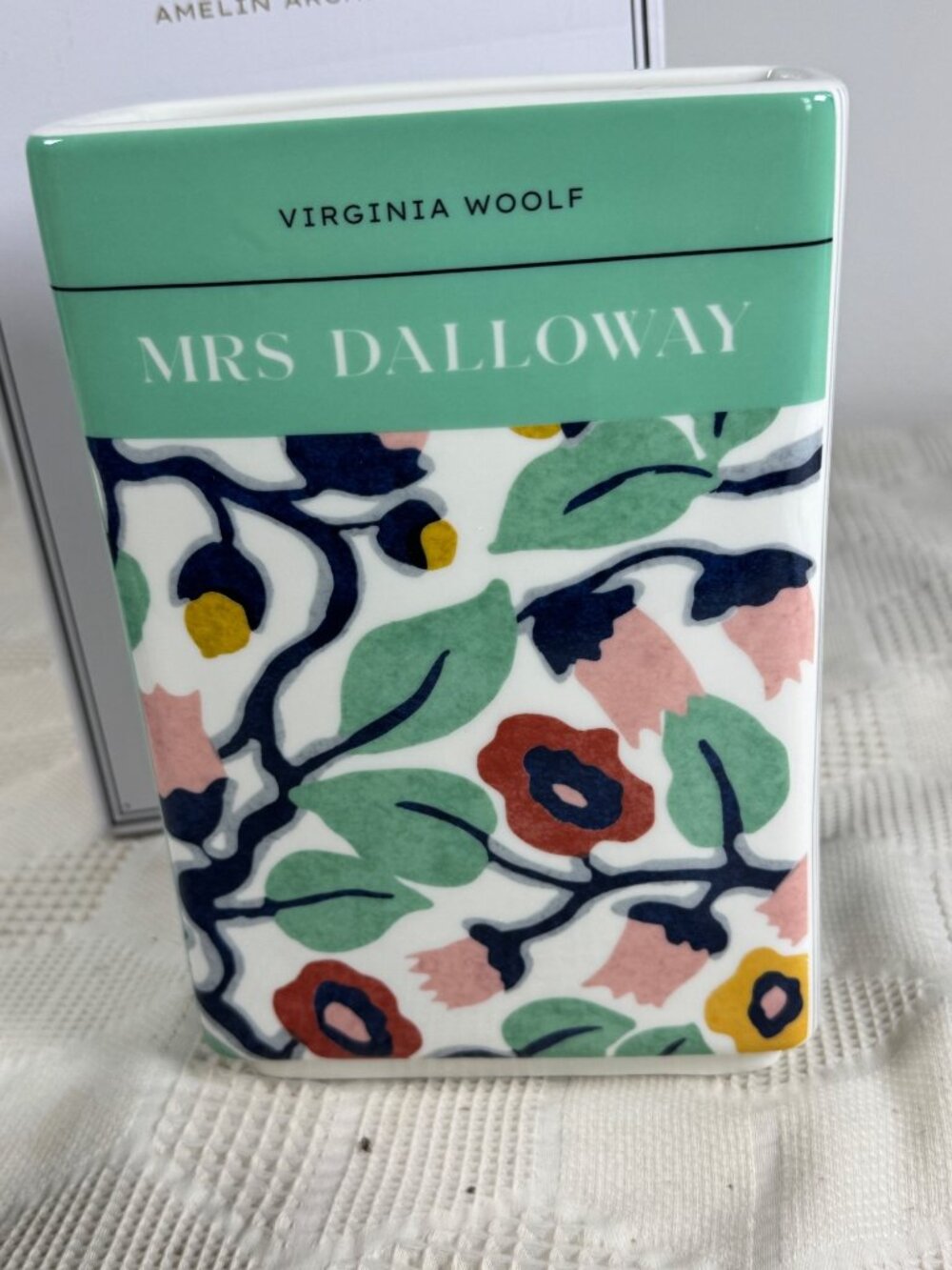 Mrs Dalloway Ceramic Book Vase By Amelin Archive Green Floral Pattern NIB